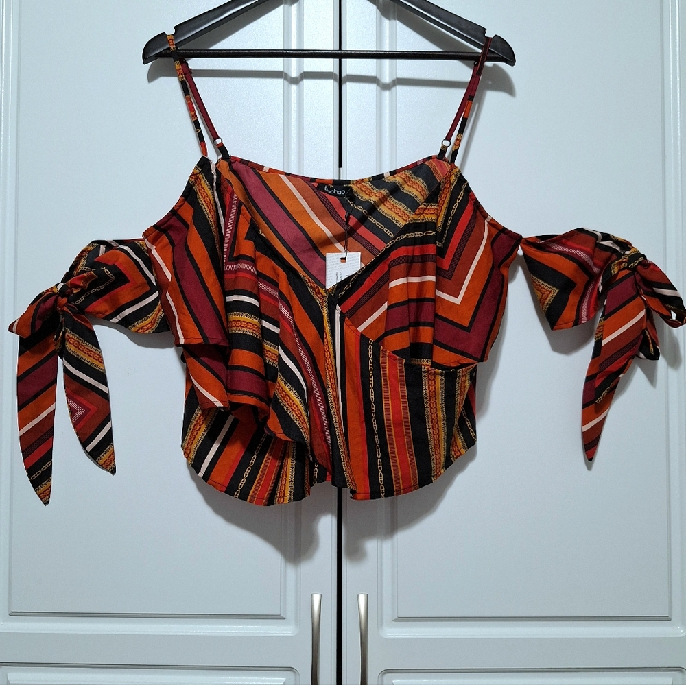 Boohoo Womens Striped Wrap Cold Shoulder Tie Sleeve Crop Top Boho Chic Festive